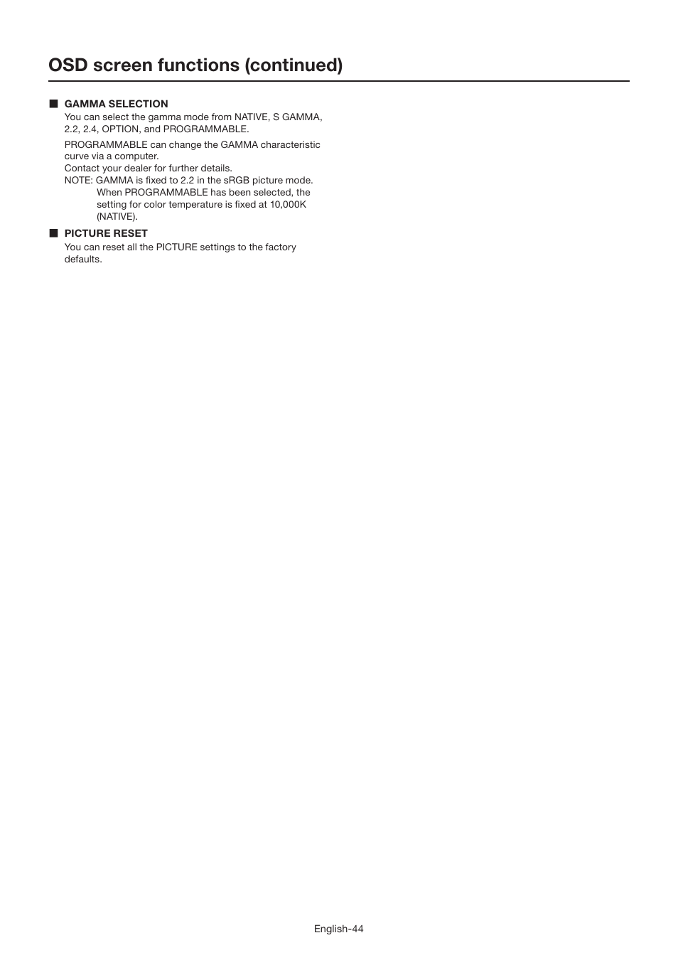 Osd screen functions (continued) | MITSUBISHI ELECTRIC LDT462V User Manual | Page 48 / 368