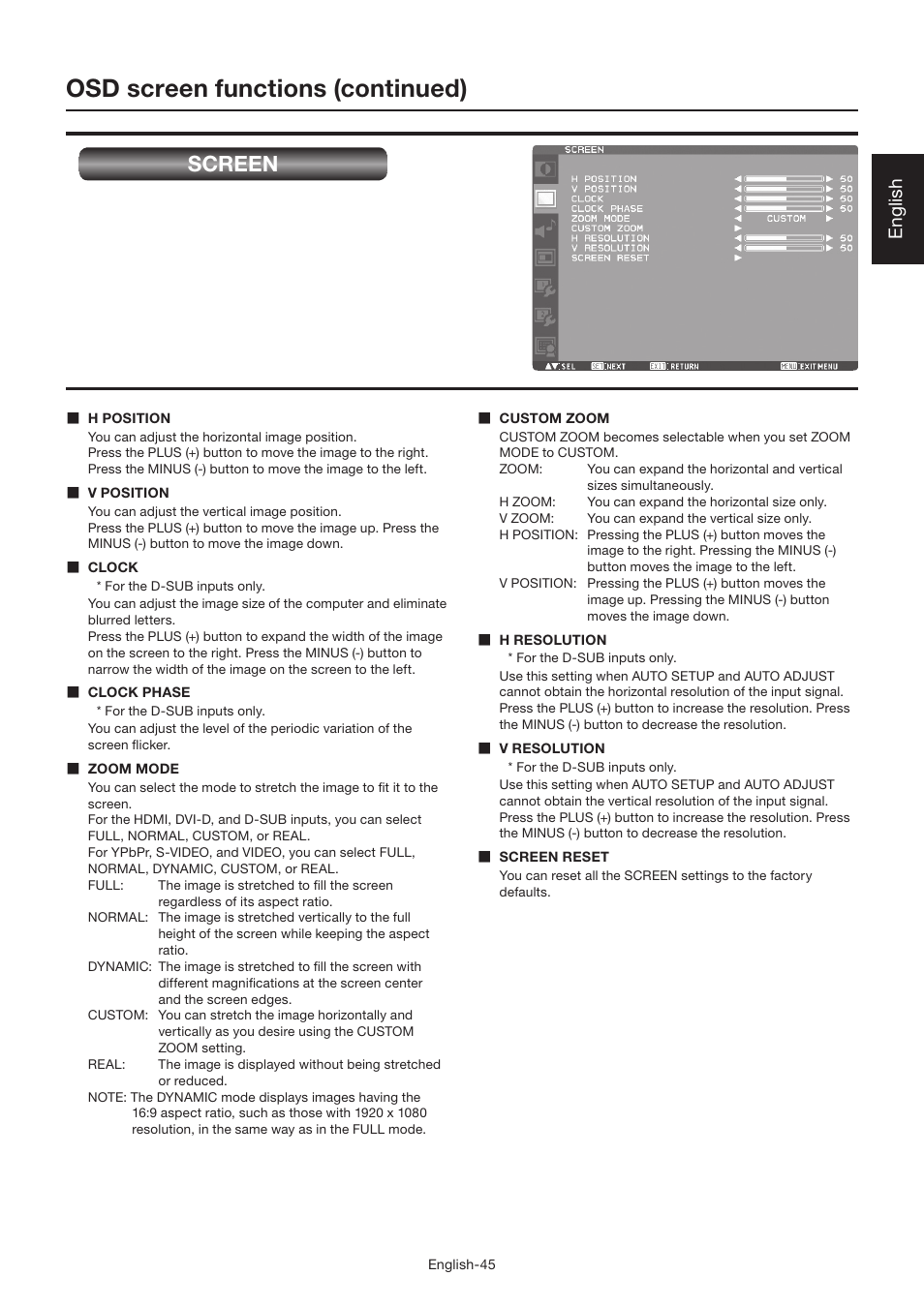 Osd screen functions (continued), Screen, English | MITSUBISHI ELECTRIC LDT462V User Manual | Page 49 / 368