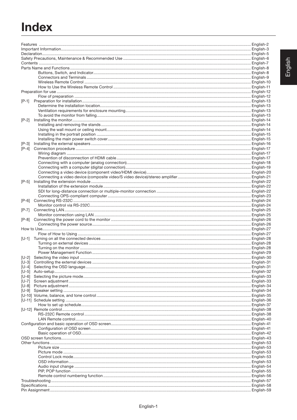 Index, English | MITSUBISHI ELECTRIC LDT462V User Manual | Page 5 / 368