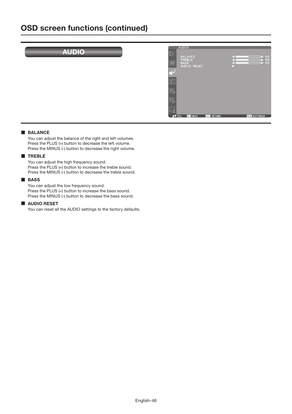 Osd screen functions (continued), Audio | MITSUBISHI ELECTRIC LDT462V User Manual | Page 50 / 368