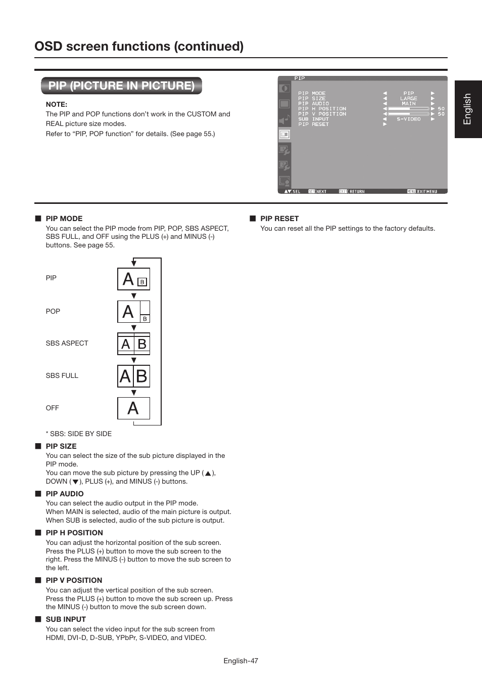 Osd screen functions (continued), Pip (picture in picture), English | MITSUBISHI ELECTRIC LDT462V User Manual | Page 51 / 368