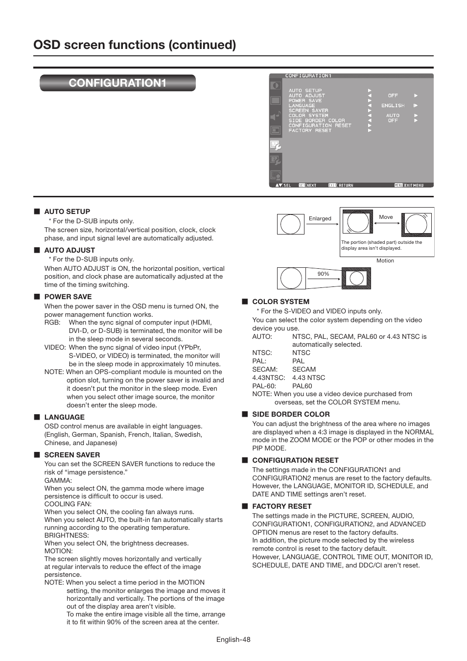 Osd screen functions (continued), Configuration1 | MITSUBISHI ELECTRIC LDT462V User Manual | Page 52 / 368