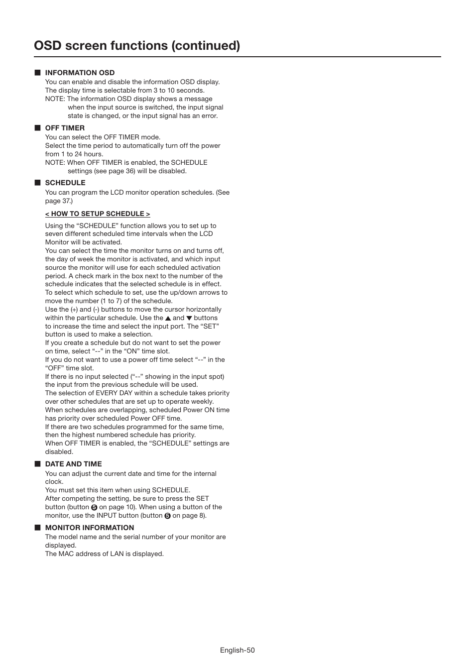 Osd screen functions (continued) | MITSUBISHI ELECTRIC LDT462V User Manual | Page 54 / 368