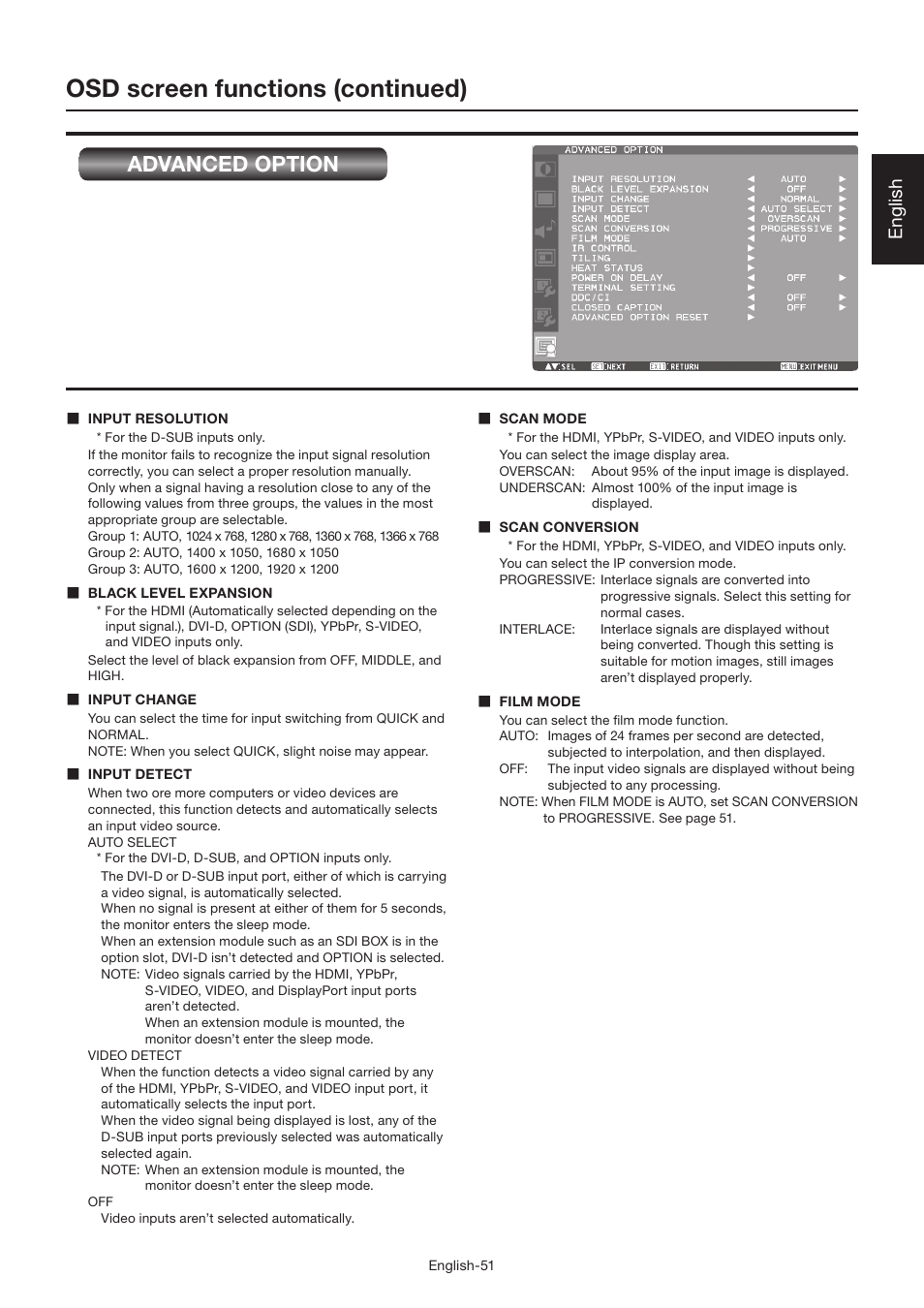 Osd screen functions (continued), Advanced option, English | MITSUBISHI ELECTRIC LDT462V User Manual | Page 55 / 368