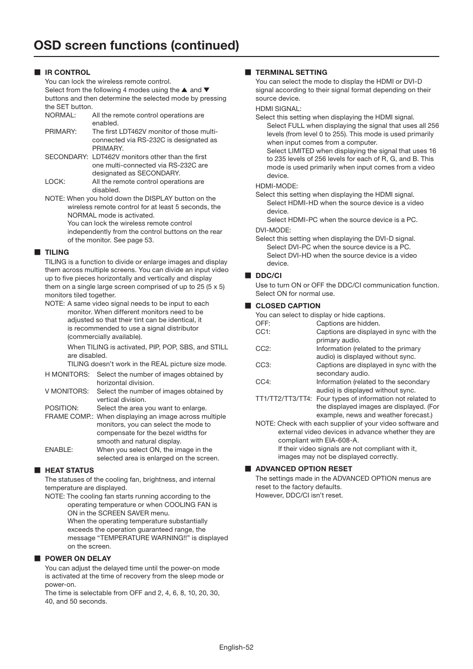 Osd screen functions (continued) | MITSUBISHI ELECTRIC LDT462V User Manual | Page 56 / 368