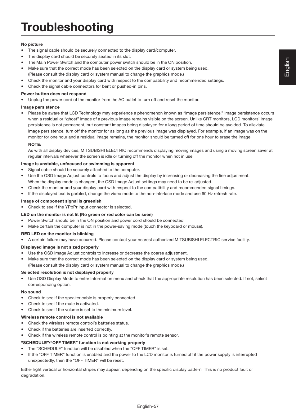 Troubleshooting, English | MITSUBISHI ELECTRIC LDT462V User Manual | Page 61 / 368