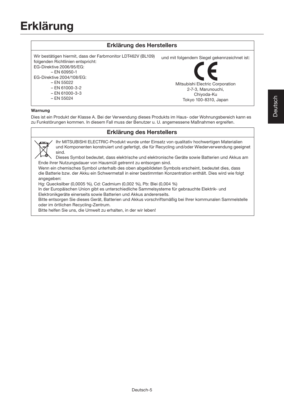 Erklärung | MITSUBISHI ELECTRIC LDT462V User Manual | Page 69 / 368