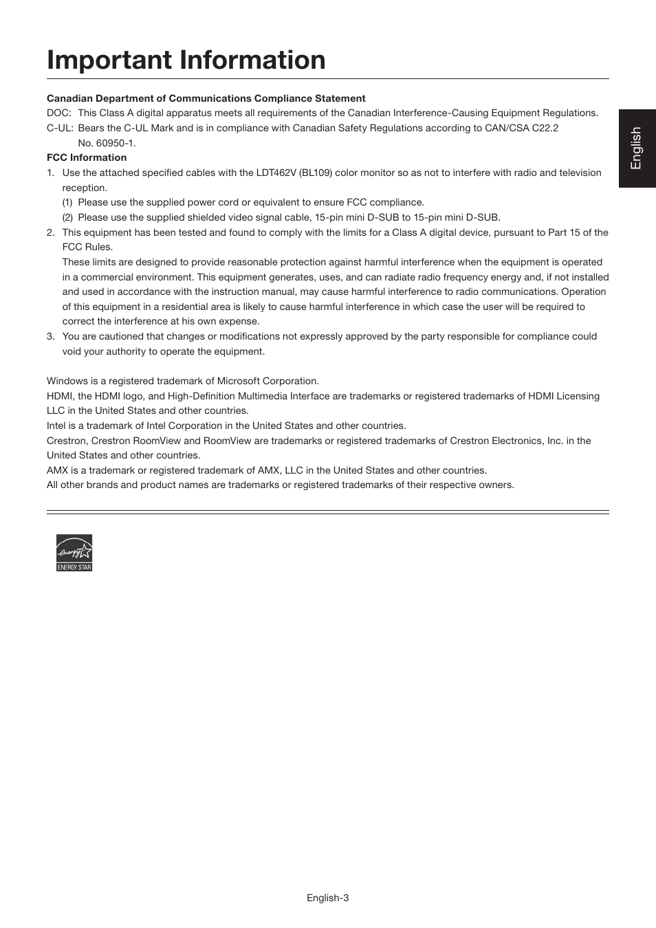 Important information, English | MITSUBISHI ELECTRIC LDT462V User Manual | Page 7 / 368