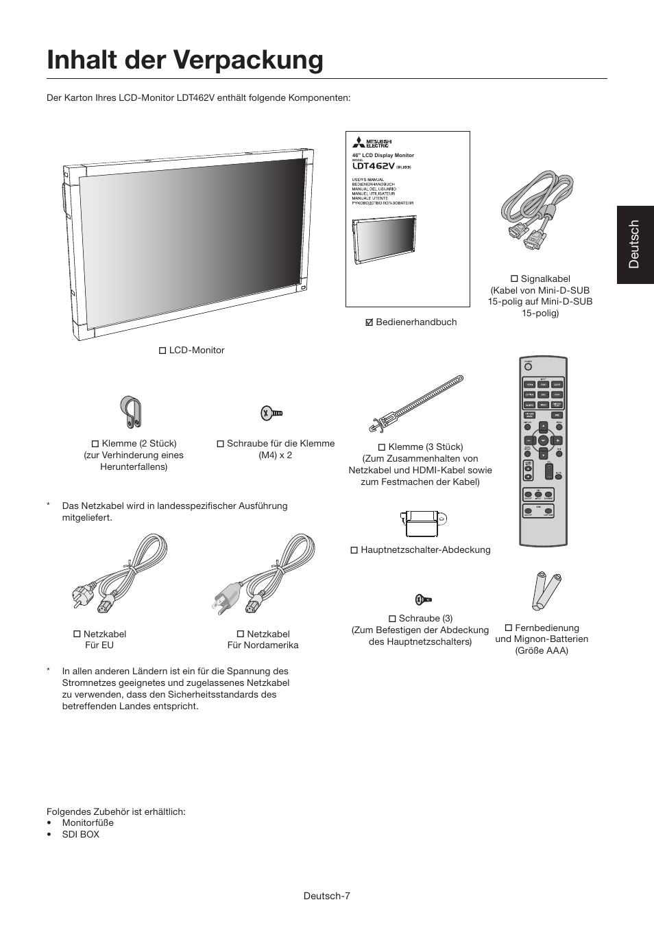 Inhalt der verpackung, Deutsch | MITSUBISHI ELECTRIC LDT462V User Manual | Page 71 / 368