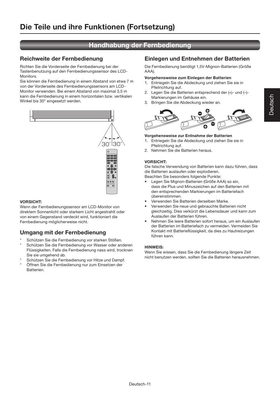 Die teile und ihre funktionen (fortsetzung), Handhabung der fernbedienung, Deutsch reichweite der fernbedienung | Umgang mit der fernbedienung, Einlegen und entnehmen der batterien | MITSUBISHI ELECTRIC LDT462V User Manual | Page 75 / 368