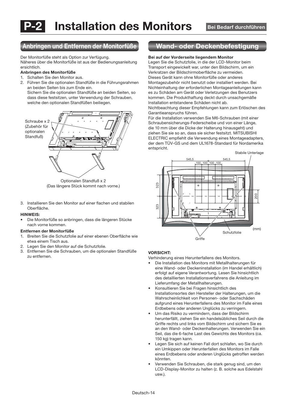 P-2 installation des monitors, Wand- oder deckenbefestigung, Anbringen und entfernen der monitorfüße | MITSUBISHI ELECTRIC LDT462V User Manual | Page 78 / 368