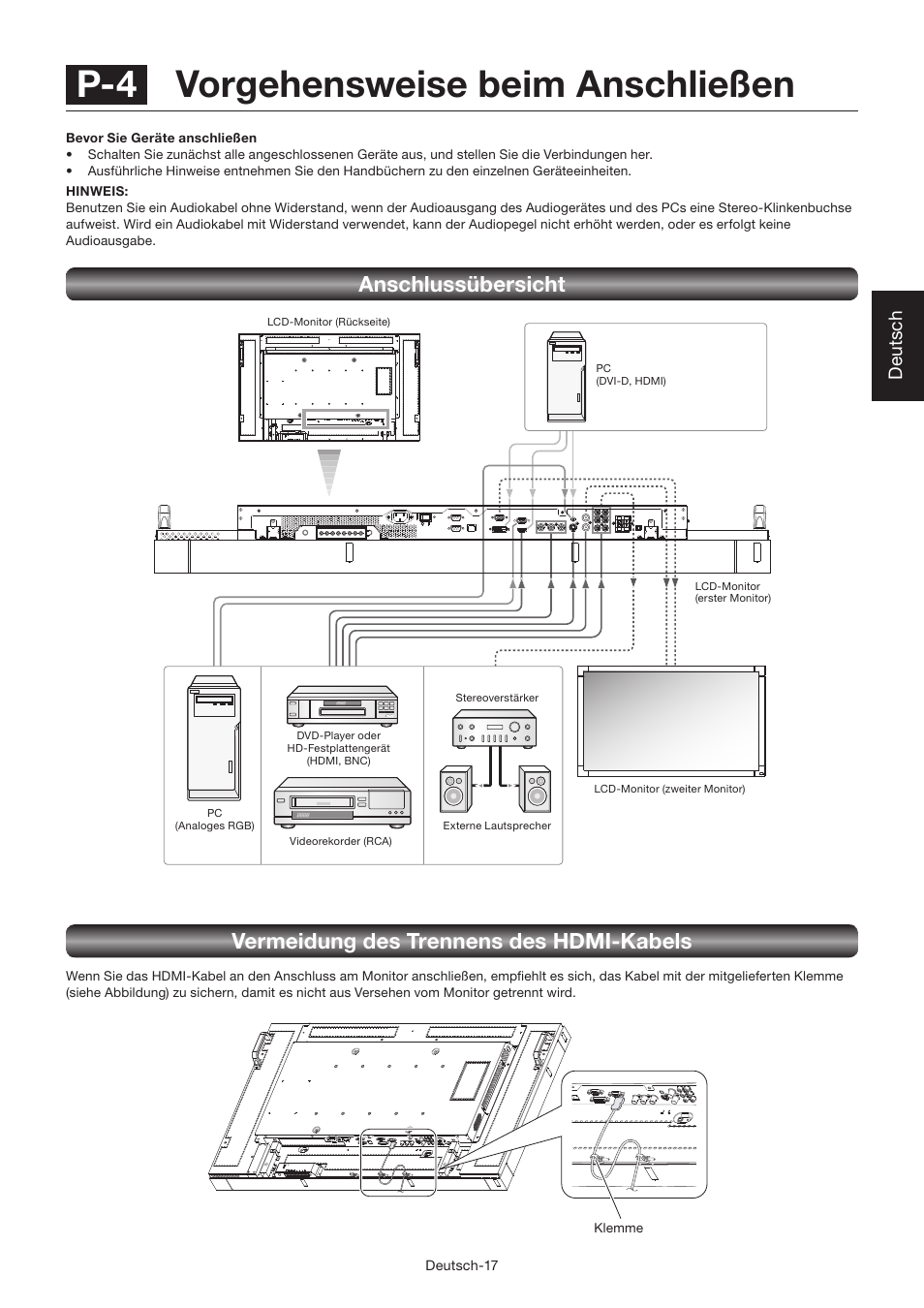 P-4 vorgehensweise beim anschließen, Vermeidung des trennens des hdmi-kabels, Anschlussübersicht | Deutsch | MITSUBISHI ELECTRIC LDT462V User Manual | Page 81 / 368