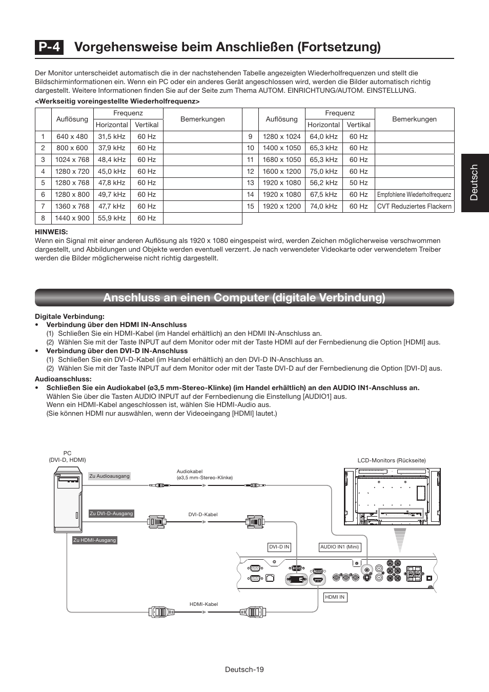 P-4 vorgehensweise beim anschließen (fortsetzung), Anschluss an einen computer (digitale verbindung), Deutsch | MITSUBISHI ELECTRIC LDT462V User Manual | Page 83 / 368