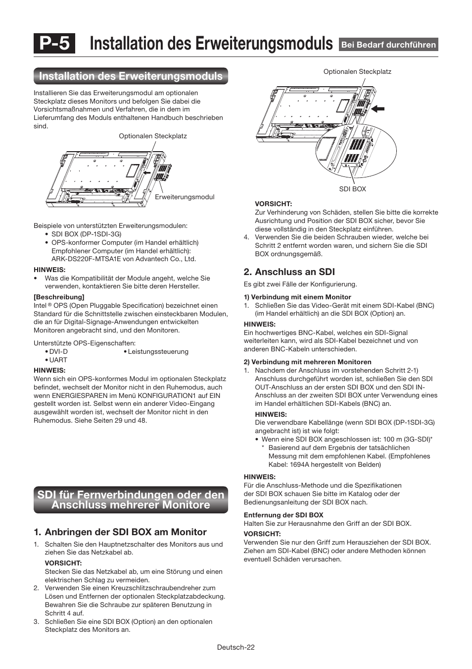 P-5 installation des erweiterungsmoduls, Installation des erweiterungsmoduls, Anbringen der sdi box am monitor | Anschluss an sdi | MITSUBISHI ELECTRIC LDT462V User Manual | Page 86 / 368