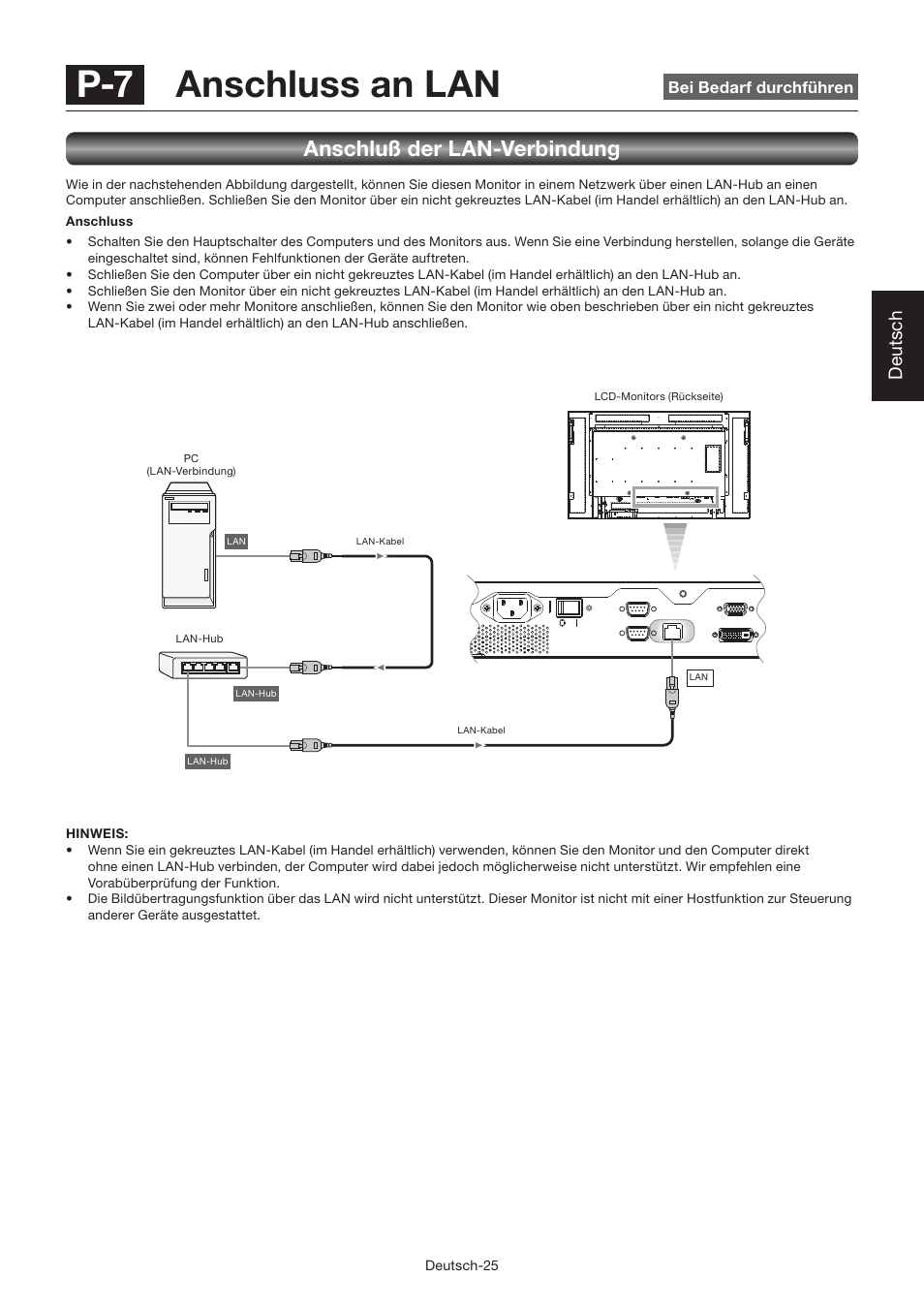 P-7 anschluss an lan, Anschluß der lan-verbindung, Deutsch | MITSUBISHI ELECTRIC LDT462V User Manual | Page 89 / 368