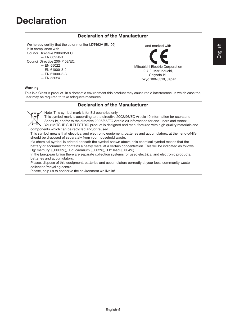 Declaration | MITSUBISHI ELECTRIC LDT462V User Manual | Page 9 / 368