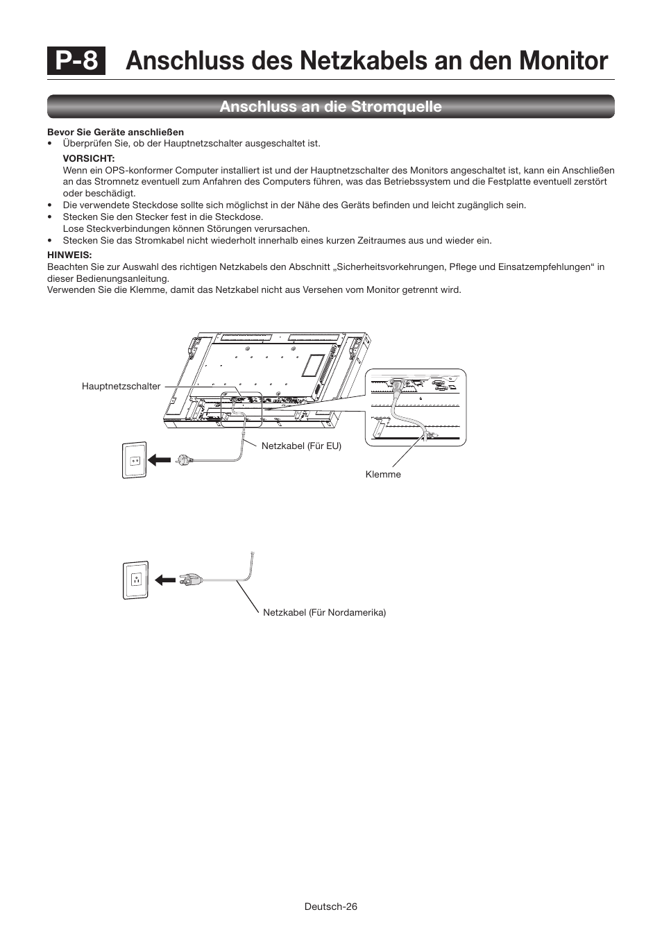 P-8 anschluss des netzkabels an den monitor, Anschluss an die stromquelle | MITSUBISHI ELECTRIC LDT462V User Manual | Page 90 / 368