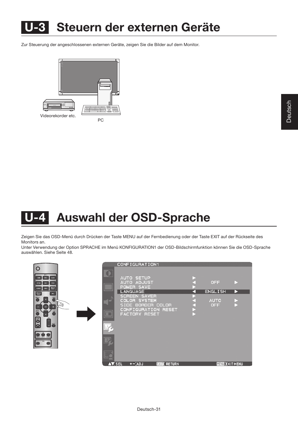 U-4 auswahl der osd-sprache, U-3 steuern der externen geräte | MITSUBISHI ELECTRIC LDT462V User Manual | Page 95 / 368