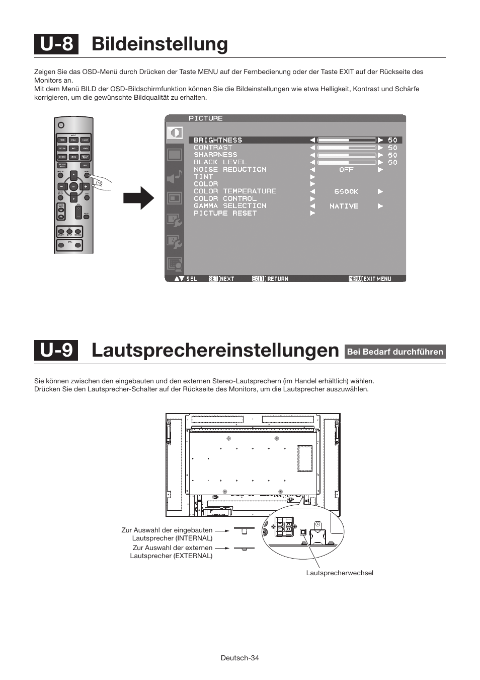 U-9 lautsprechereinstellungen, U-8 bildeinstellung | MITSUBISHI ELECTRIC LDT462V User Manual | Page 98 / 368