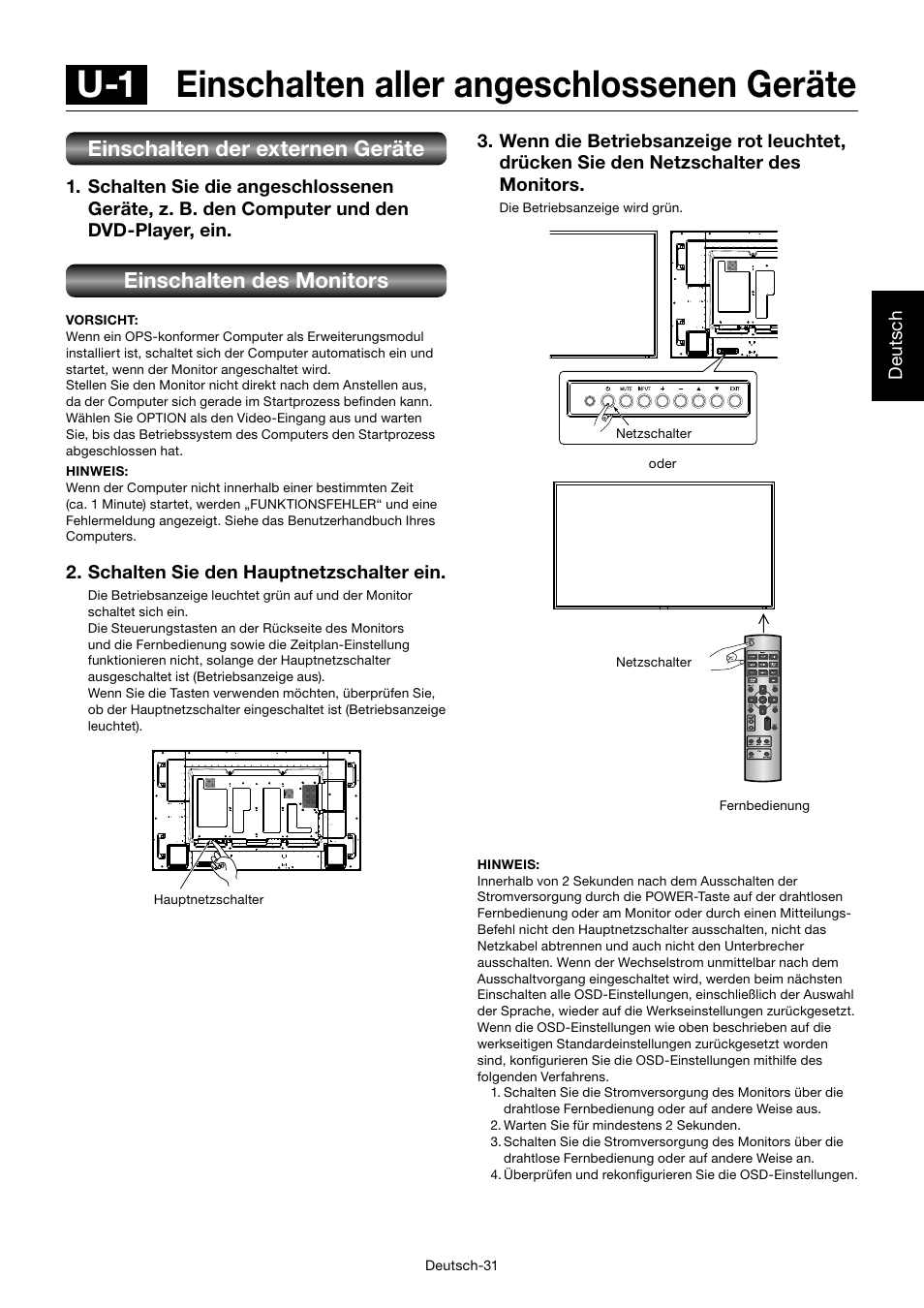 U-1 einschalten aller angeschlossenen geräte, Einschalten der externen geräte, Einschalten des monitors | MITSUBISHI ELECTRIC MDT701S User Manual | Page 101 / 404