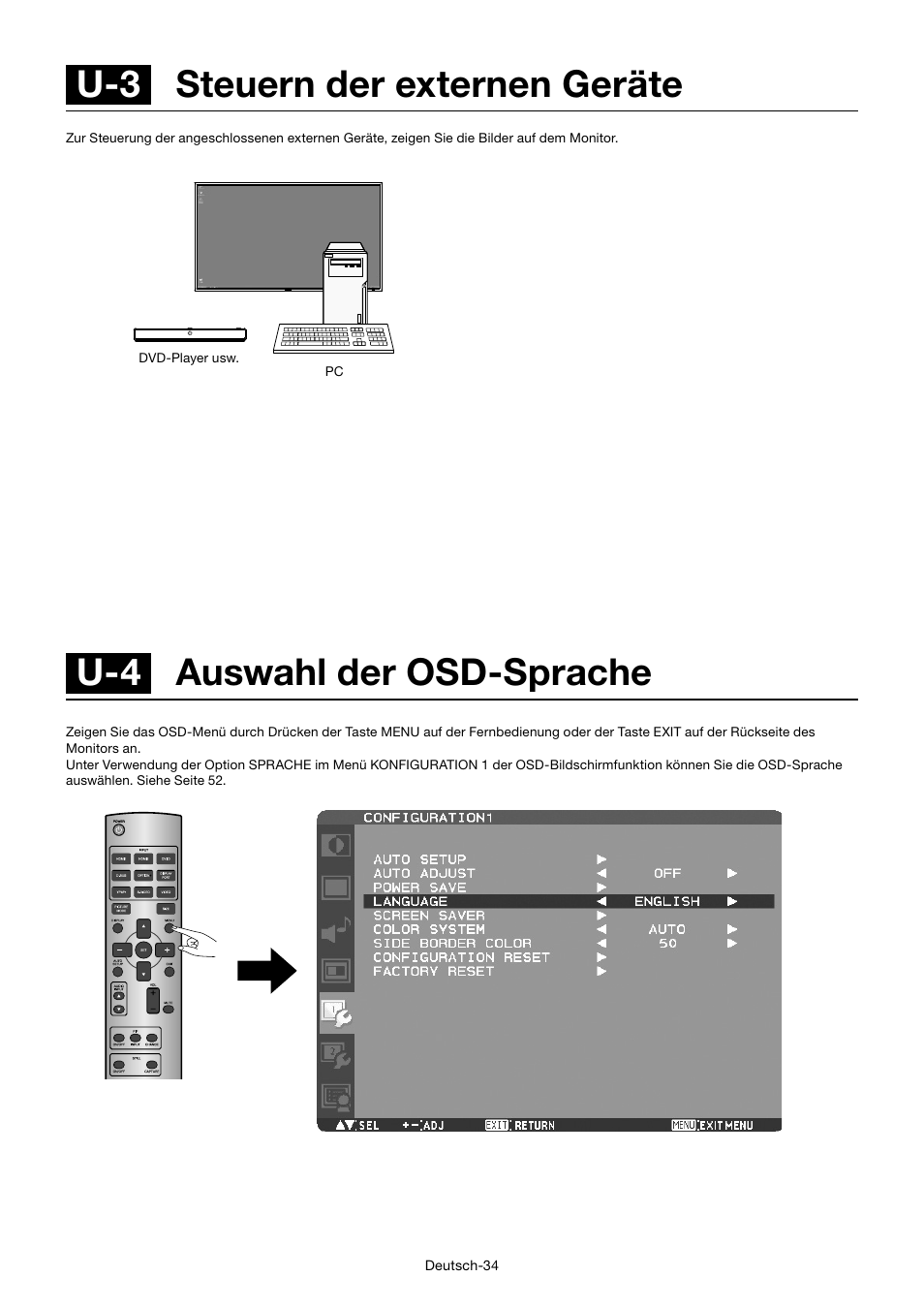 U-4 auswahl der osd-sprache, U-3 steuern der externen geräte | MITSUBISHI ELECTRIC MDT701S User Manual | Page 104 / 404