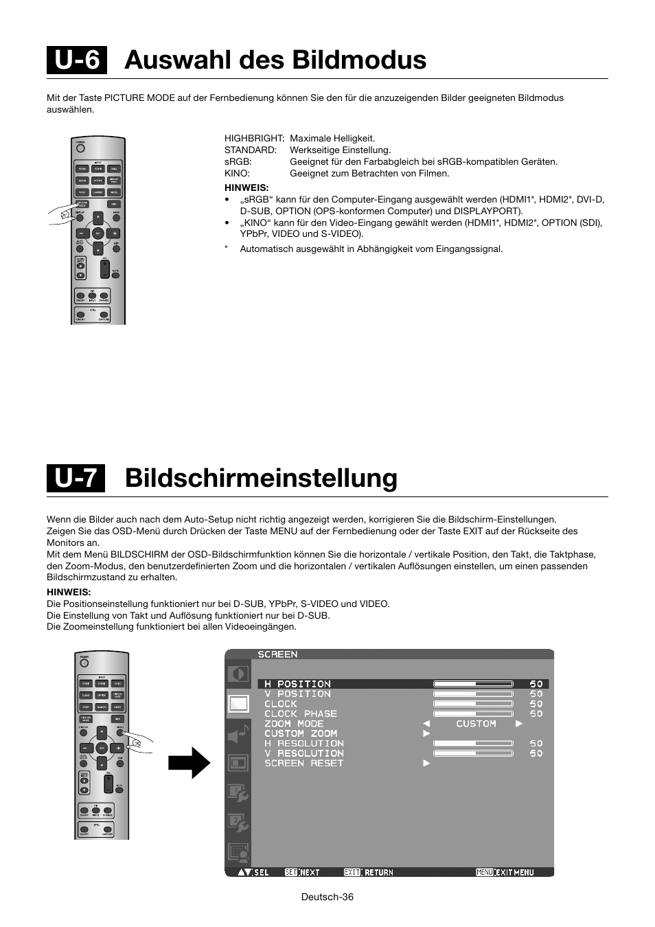 U-7 bildschirmeinstellung, U-6 auswahl des bildmodus | MITSUBISHI ELECTRIC MDT701S User Manual | Page 106 / 404