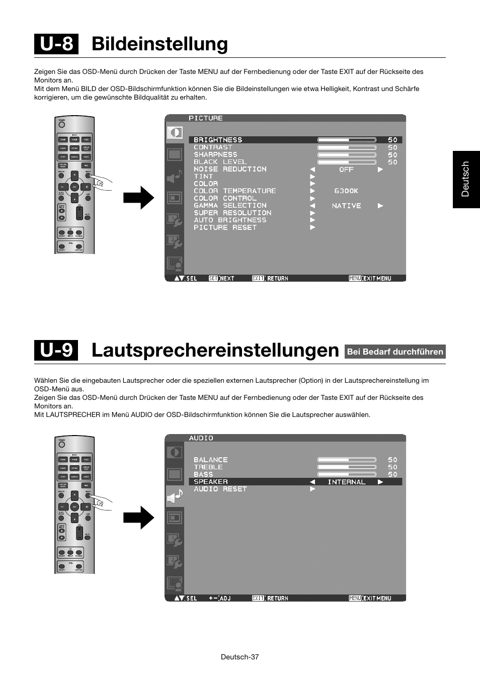 U-9 lautsprechereinstellungen, U-8 bildeinstellung | MITSUBISHI ELECTRIC MDT701S User Manual | Page 107 / 404