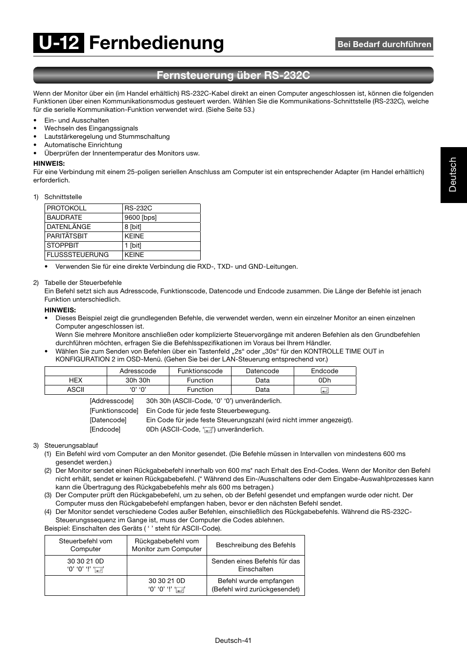 U-12 fernbedienung, Fernsteuerung über rs-232c, Deutsch | MITSUBISHI ELECTRIC MDT701S User Manual | Page 111 / 404