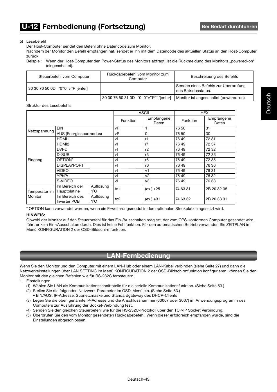 U-12 fernbedienung (fortsetzung), Lan-fernbedienung, Deutsch | MITSUBISHI ELECTRIC MDT701S User Manual | Page 113 / 404