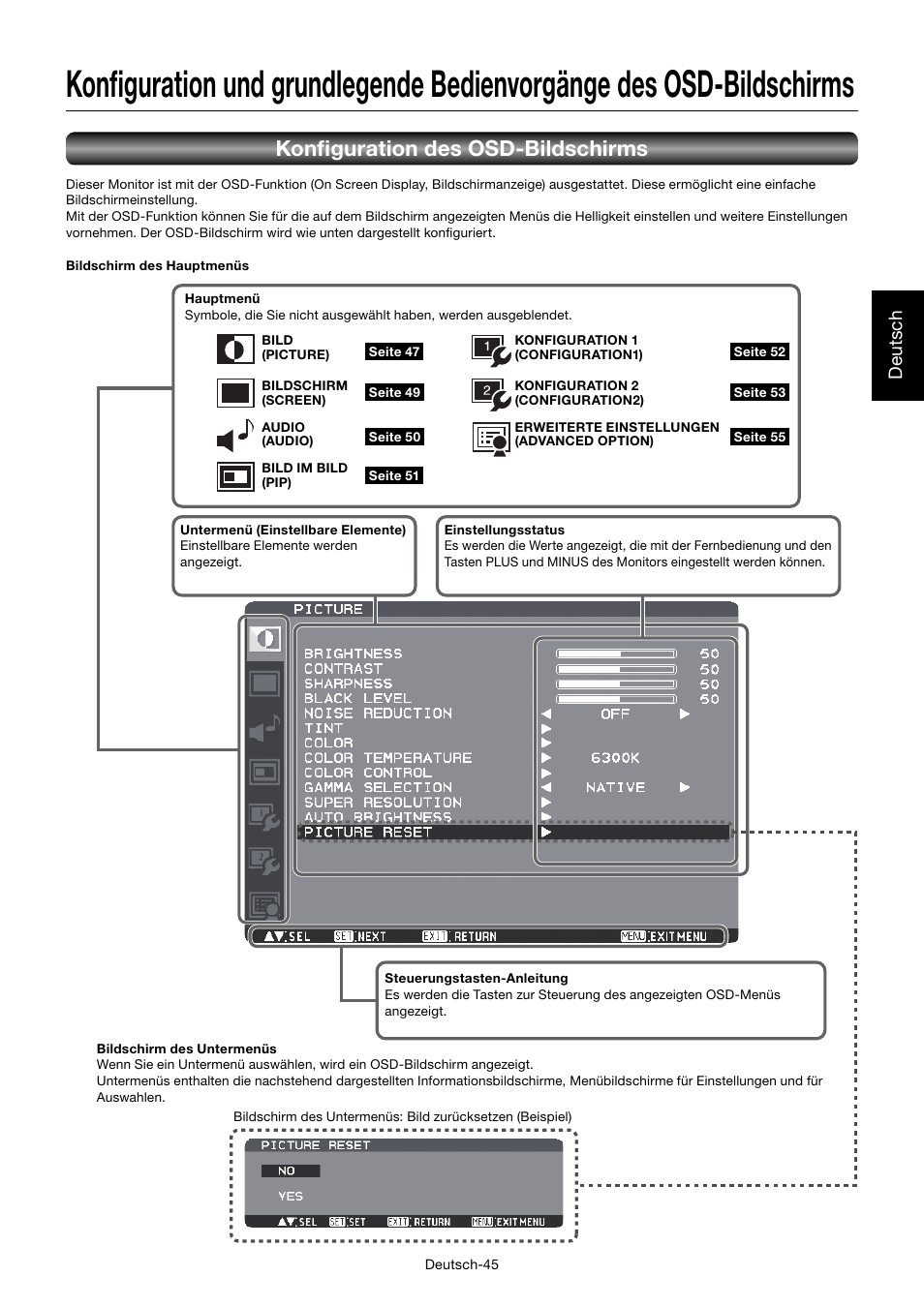 Konfi guration des osd-bildschirms, Deutsch | MITSUBISHI ELECTRIC MDT701S User Manual | Page 115 / 404