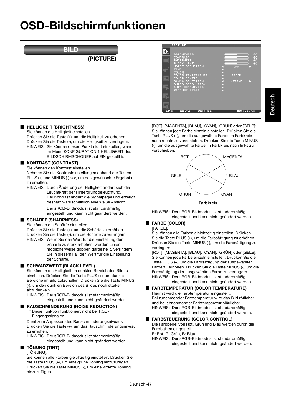 Osd-bildschirmfunktionen, Bild, Deutsch | Picture) | MITSUBISHI ELECTRIC MDT701S User Manual | Page 117 / 404