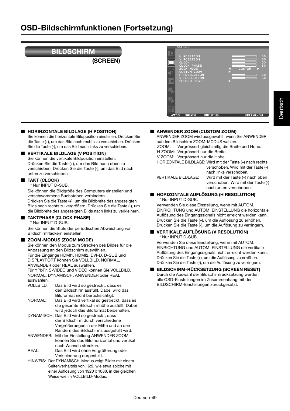 Osd-bildschirmfunktionen (fortsetzung), Bildschirm, Deutsch | Screen) | MITSUBISHI ELECTRIC MDT701S User Manual | Page 119 / 404