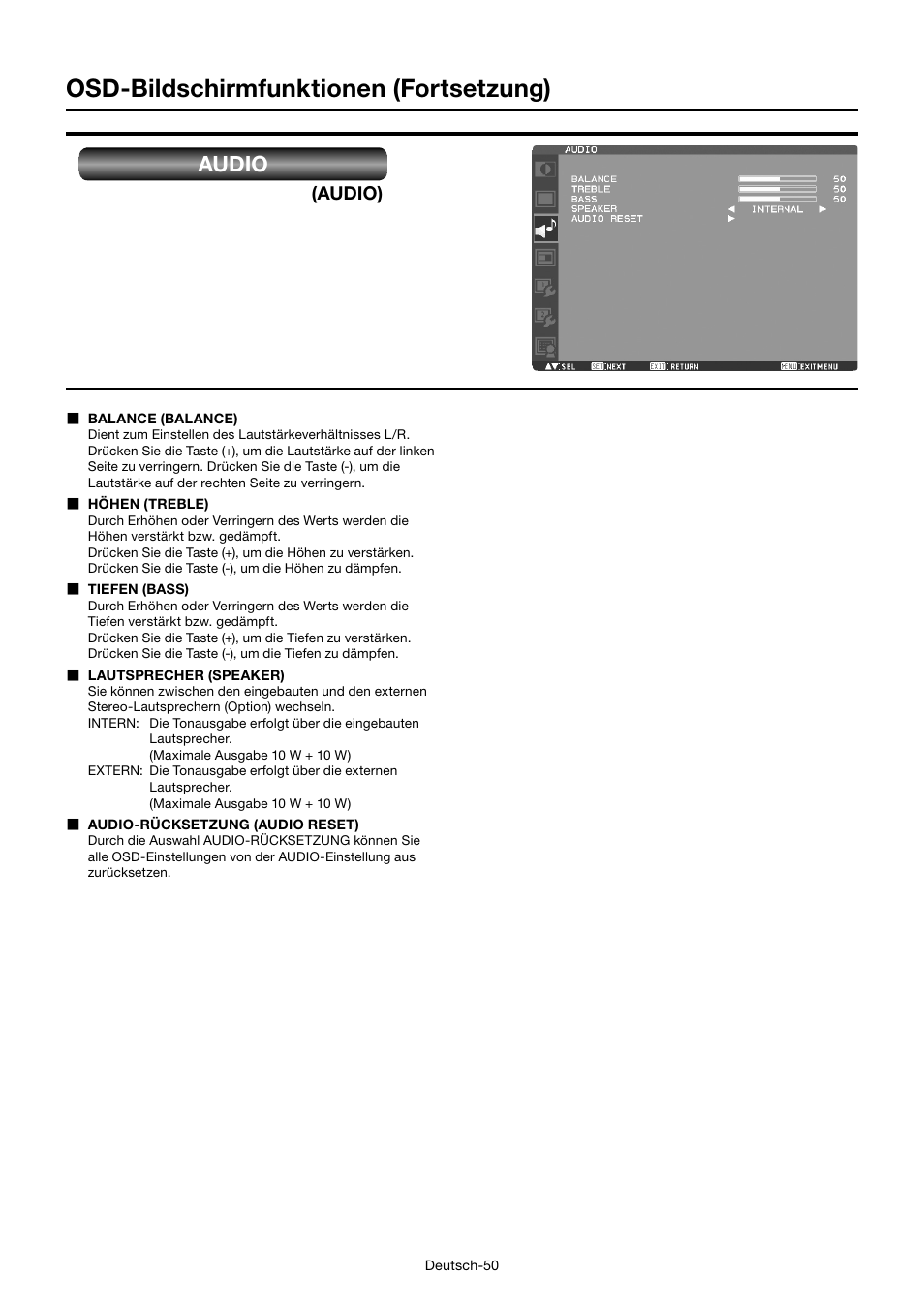 Osd-bildschirmfunktionen (fortsetzung), Audio | MITSUBISHI ELECTRIC MDT701S User Manual | Page 120 / 404