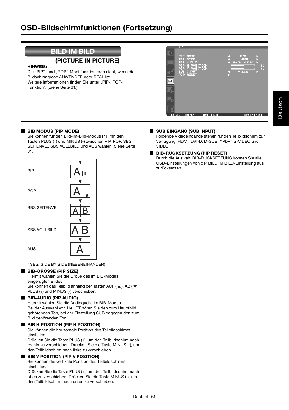 Osd-bildschirmfunktionen (fortsetzung), Bild im bild, Deutsch | Picture in picture) | MITSUBISHI ELECTRIC MDT701S User Manual | Page 121 / 404