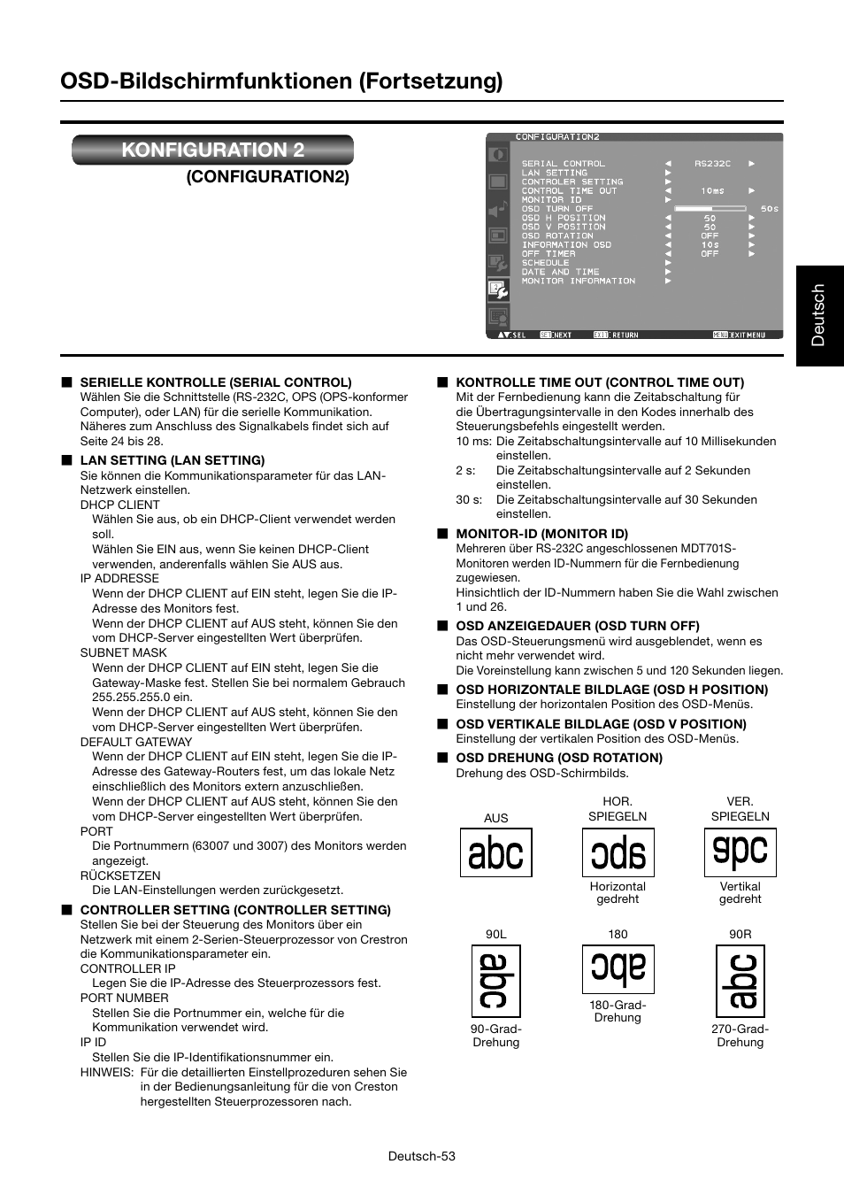 Osd-bildschirmfunktionen (fortsetzung), Konfiguration 2, Deutsch | Configuration2) | MITSUBISHI ELECTRIC MDT701S User Manual | Page 123 / 404