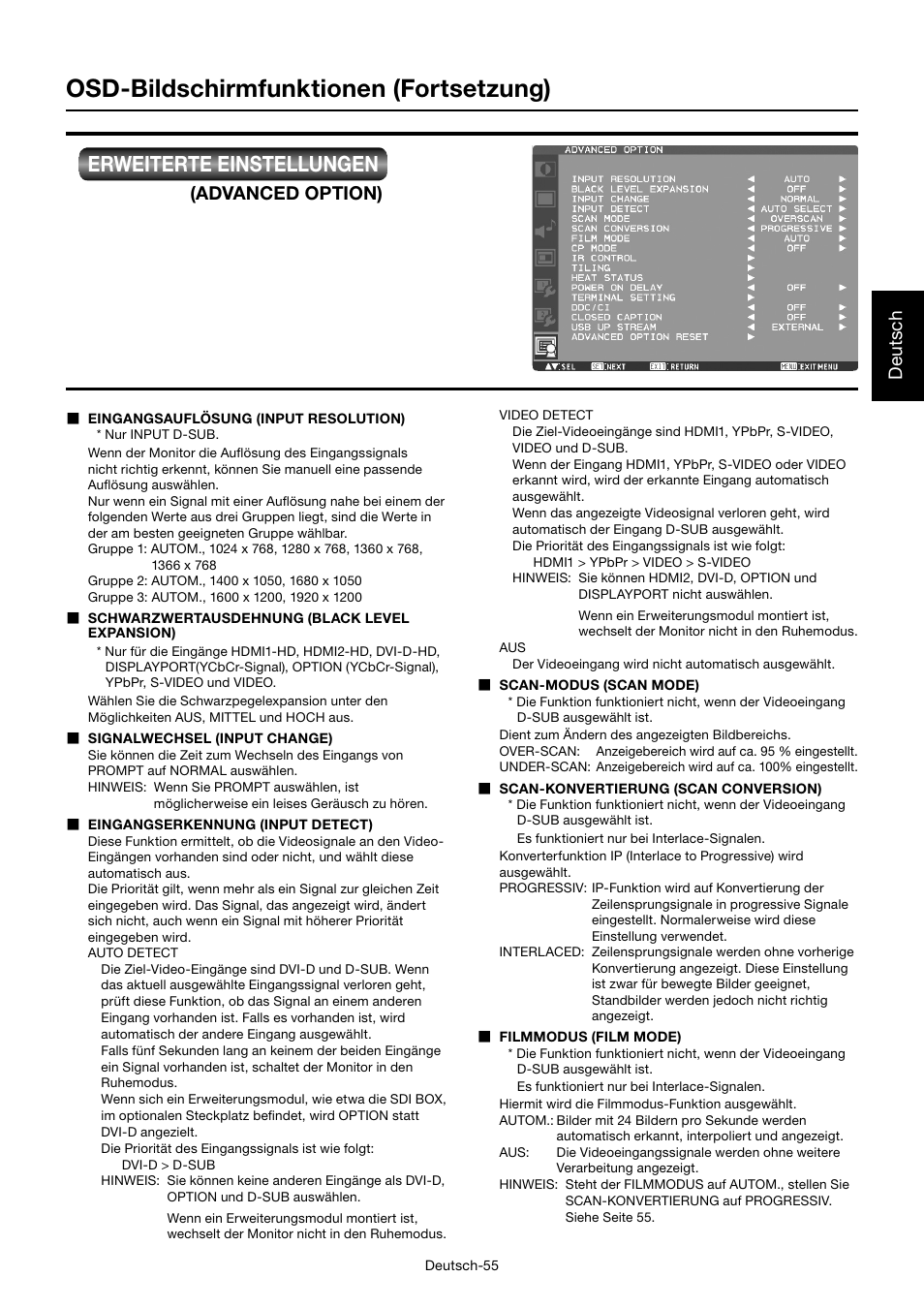 Osd-bildschirmfunktionen (fortsetzung), Erweiterte einstellungen, Deutsch | Advanced option) | MITSUBISHI ELECTRIC MDT701S User Manual | Page 125 / 404