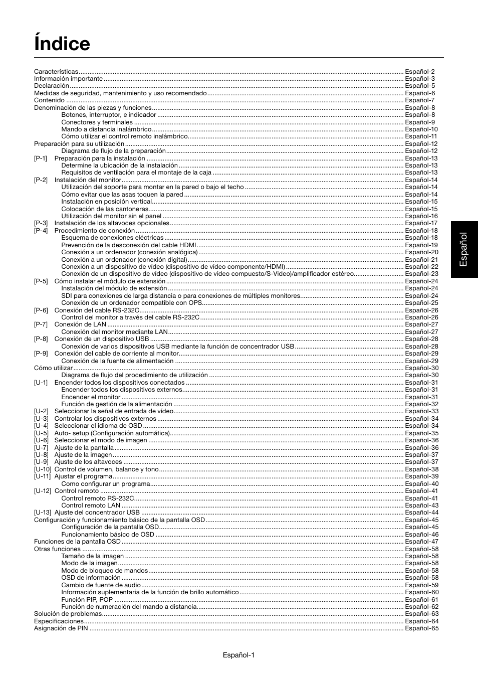 Índice, Español | MITSUBISHI ELECTRIC MDT701S User Manual | Page 137 / 404