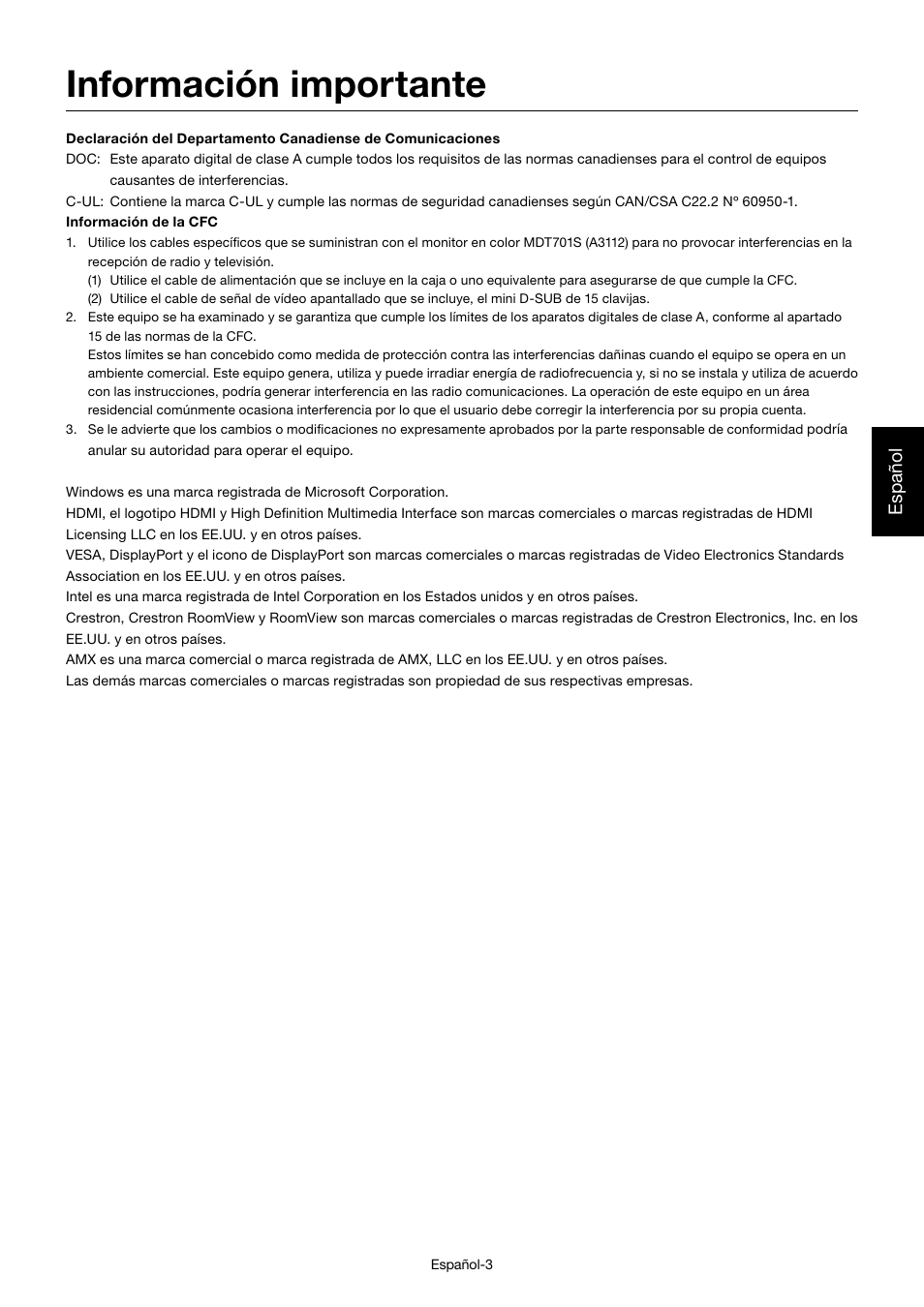 Información importante, Español | MITSUBISHI ELECTRIC MDT701S User Manual | Page 139 / 404