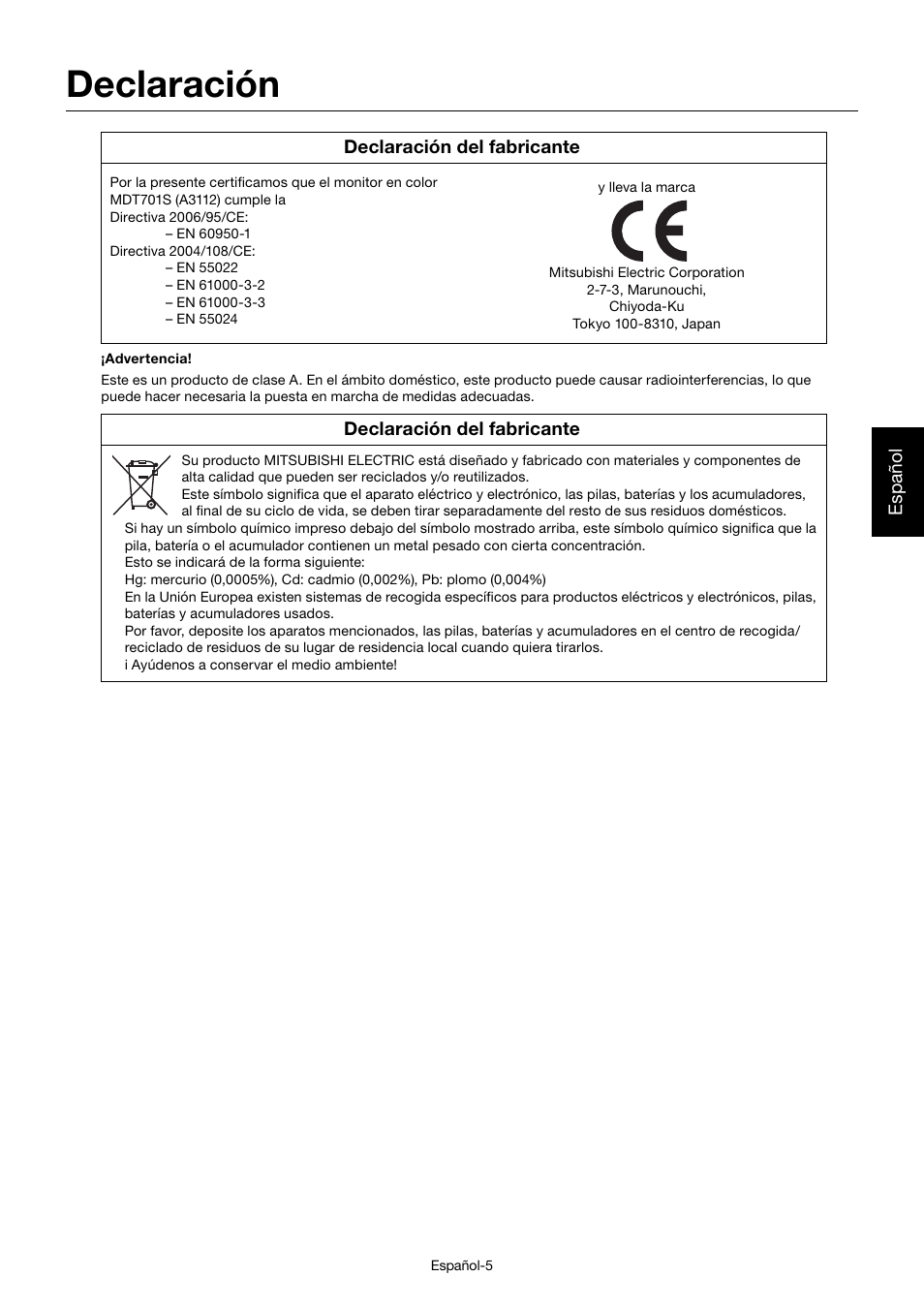 Declaración | MITSUBISHI ELECTRIC MDT701S User Manual | Page 141 / 404