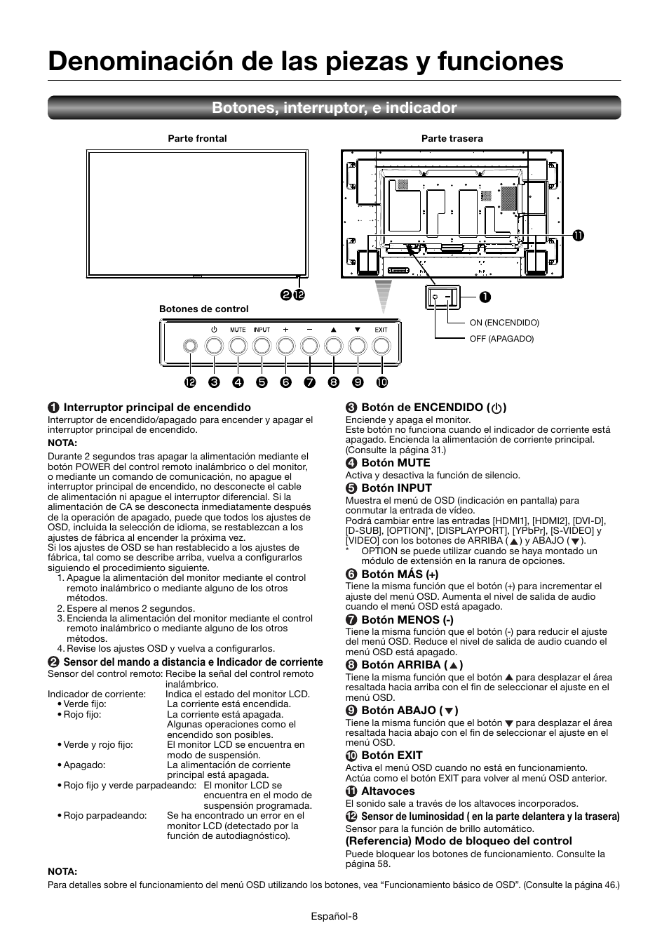 Denominación de las piezas y funciones, Botones, interruptor, e indicador | MITSUBISHI ELECTRIC MDT701S User Manual | Page 144 / 404