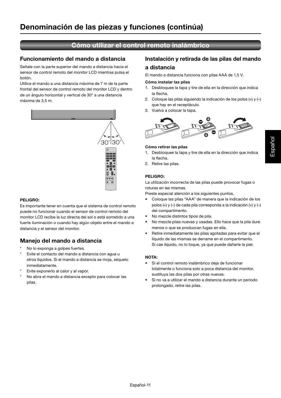 Denominación de las piezas y funciones (continúa), Cómo utilizar el control remoto inalámbrico, Español | Funcionamiento del mando a distancia, Manejo del mando a distancia | MITSUBISHI ELECTRIC MDT701S User Manual | Page 147 / 404