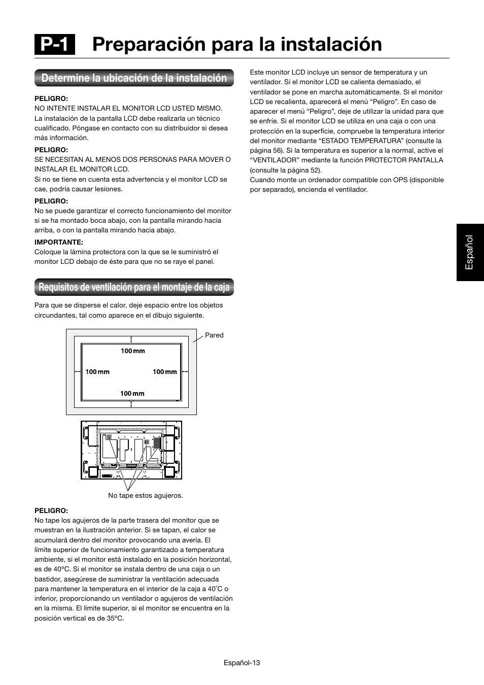 P-1 preparación para la instalación, Determine la ubicación de la instalación, Español | MITSUBISHI ELECTRIC MDT701S User Manual | Page 149 / 404