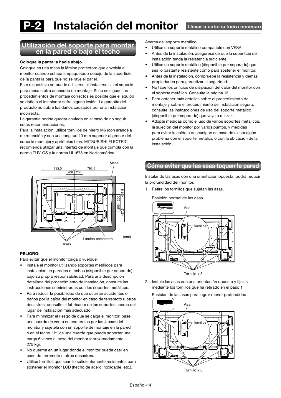 P-2 instalación del monitor, Cómo evitar que las asas toquen la pared | MITSUBISHI ELECTRIC MDT701S User Manual | Page 150 / 404