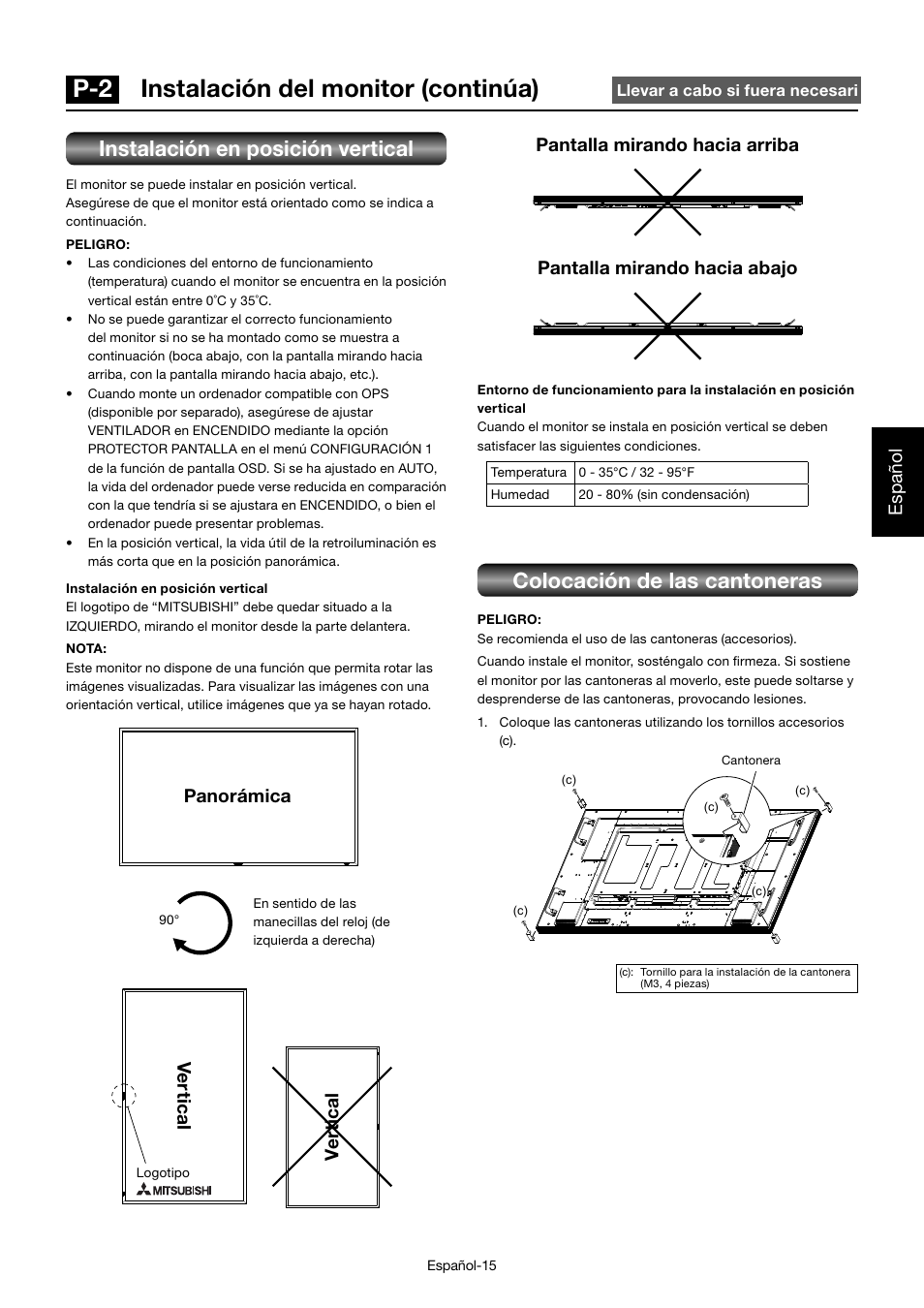 P-2 instalación del monitor (continúa), Instalación en posición vertical, Colocación de las cantoneras | Español, Ve rt ical v e rt ical, Panorámica | MITSUBISHI ELECTRIC MDT701S User Manual | Page 151 / 404