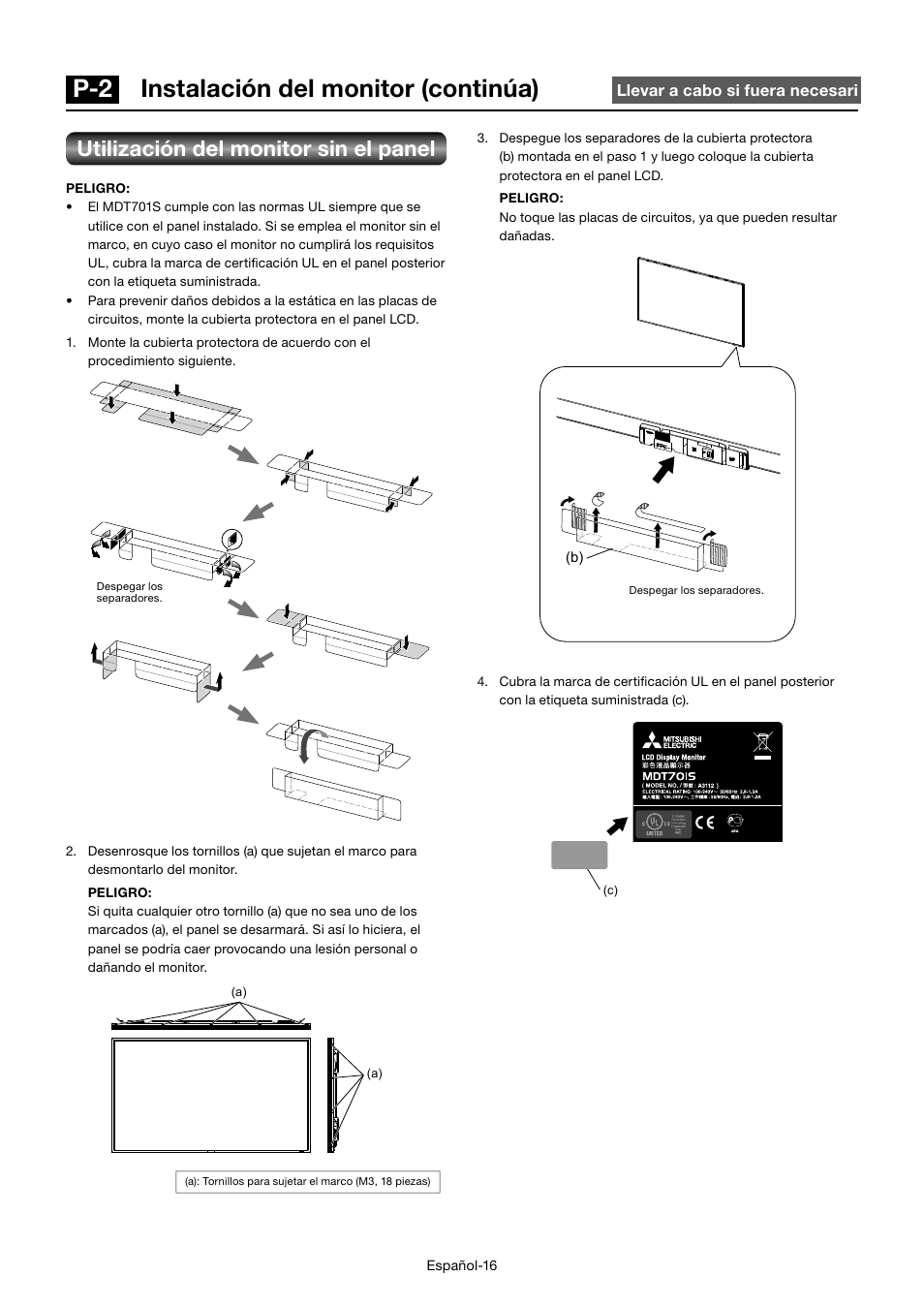 P-2 instalación del monitor (continúa), Utilización del monitor sin el panel | MITSUBISHI ELECTRIC MDT701S User Manual | Page 152 / 404