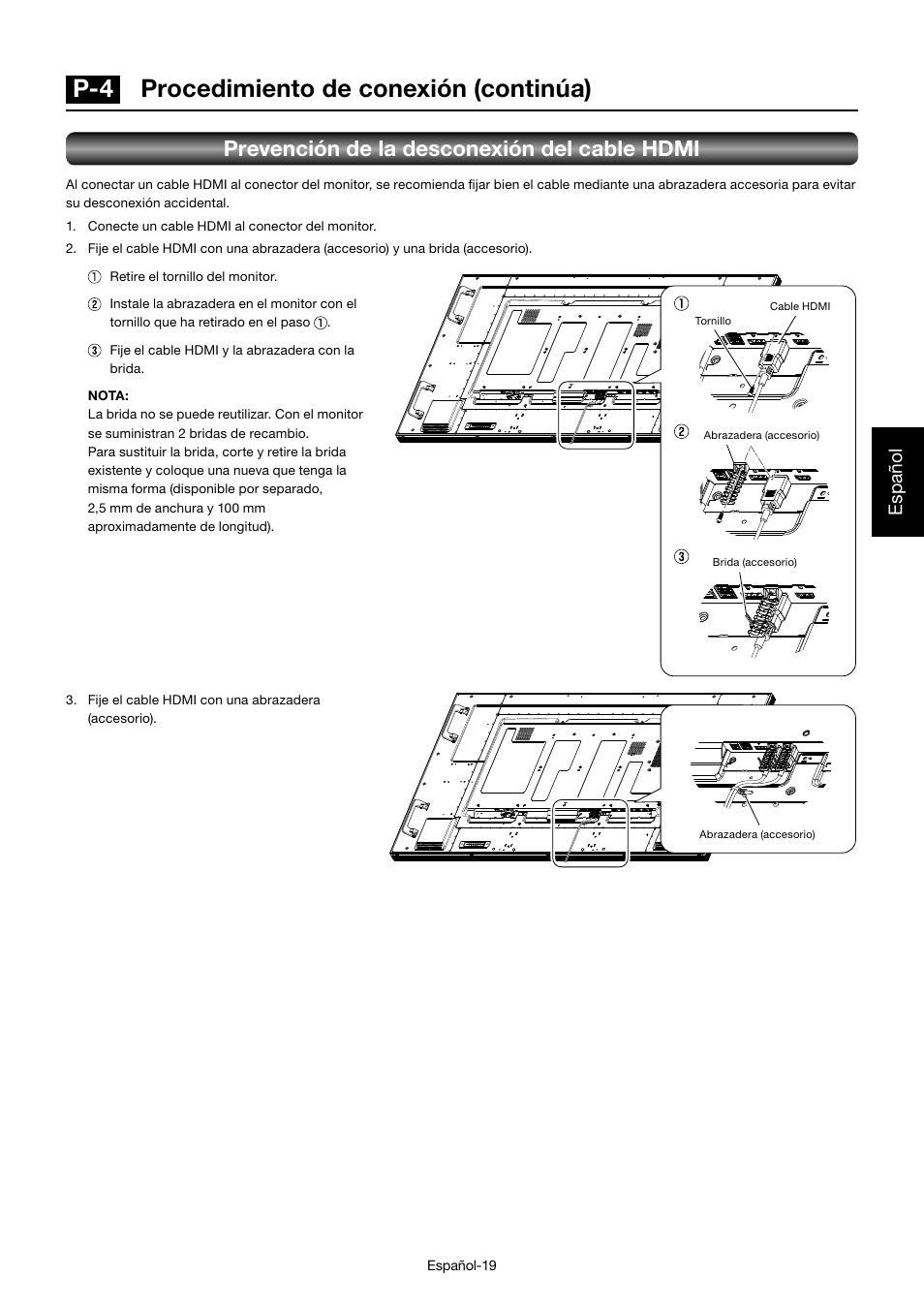 P-4 procedimiento de conexión (continúa), Prevención de la desconexión del cable hdmi, Español | MITSUBISHI ELECTRIC MDT701S User Manual | Page 155 / 404