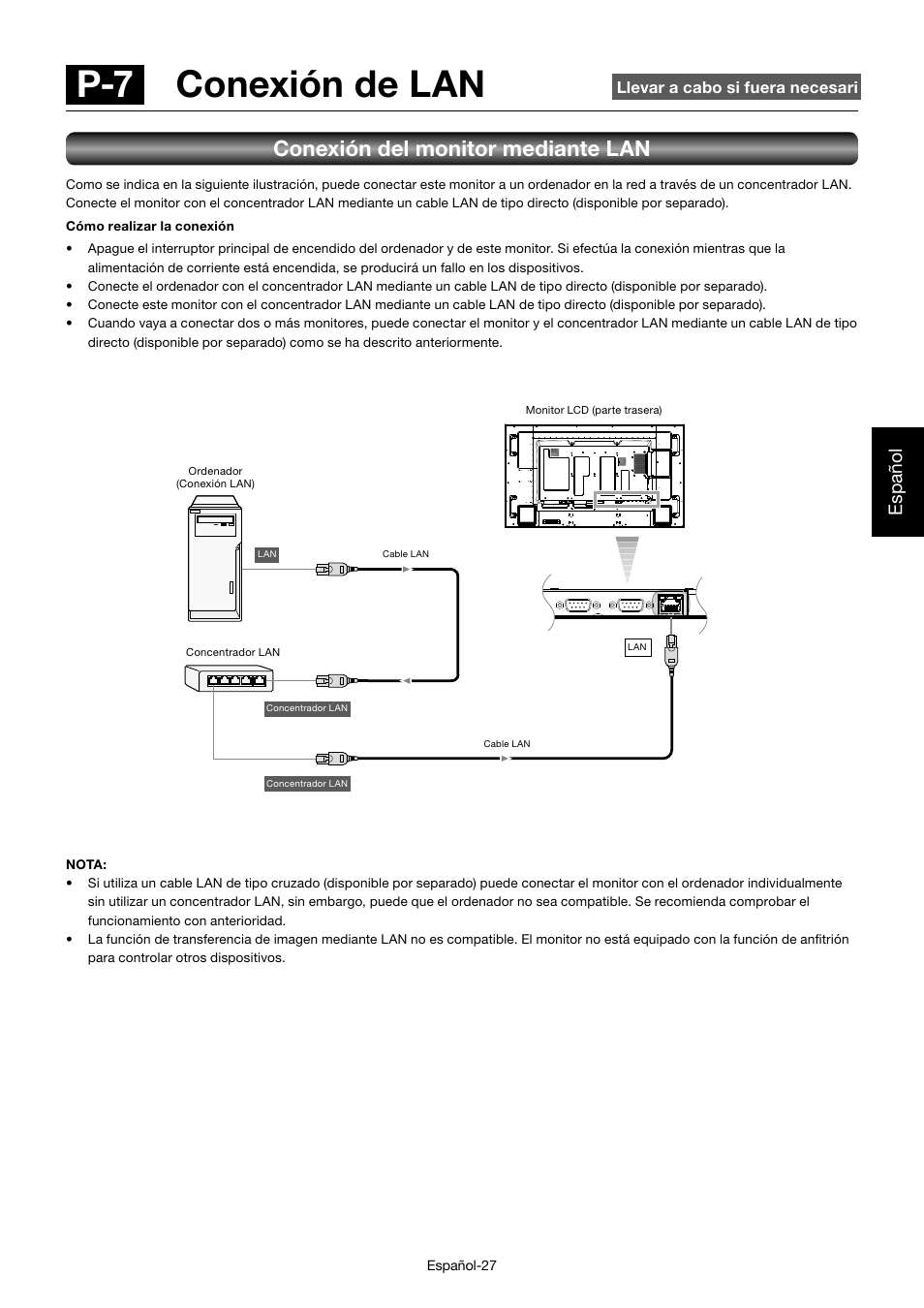 P-7 conexión de lan, Conexión del monitor mediante lan, Español | MITSUBISHI ELECTRIC MDT701S User Manual | Page 163 / 404