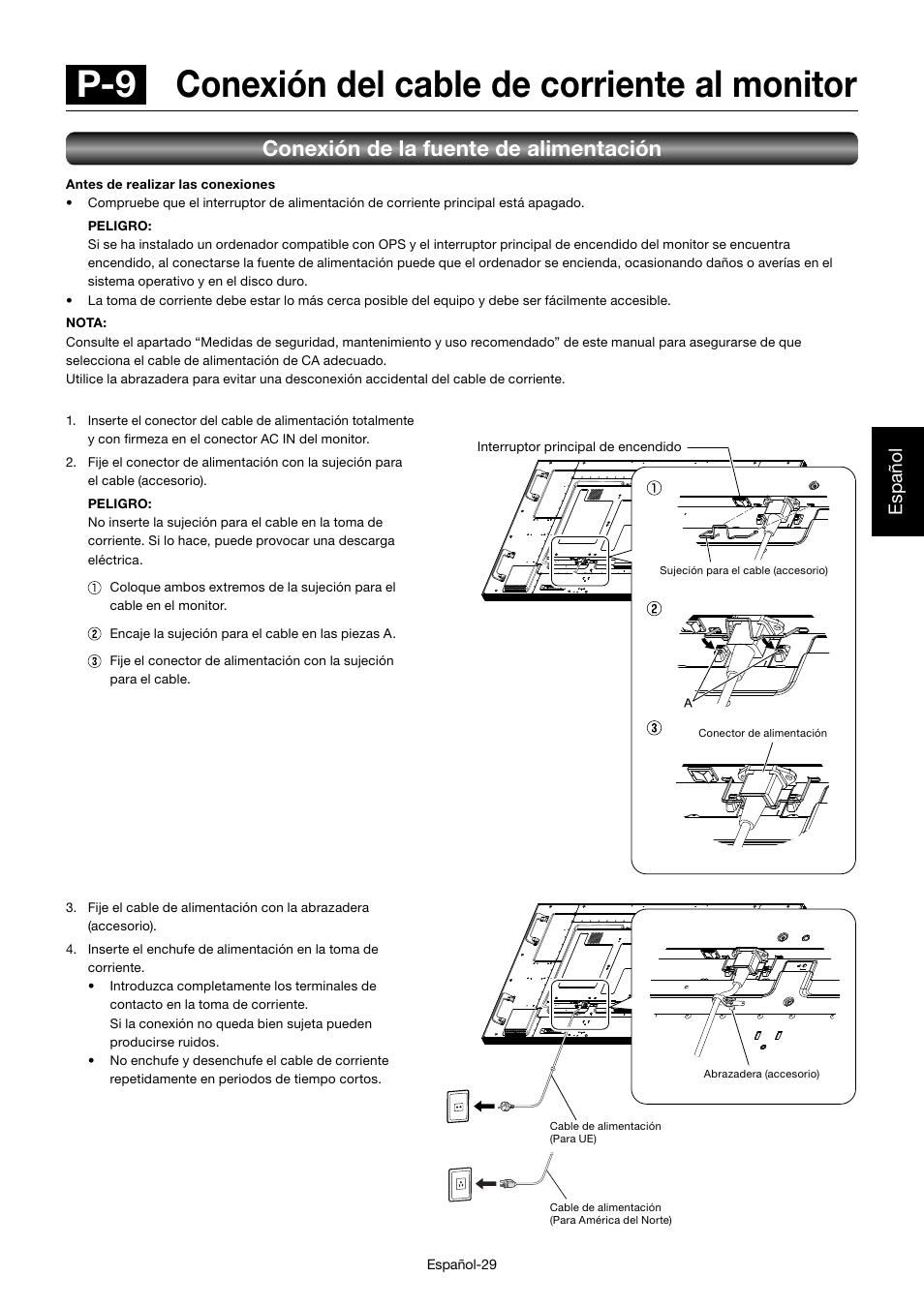 P-9 conexión del cable de corriente al monitor, Conexión de la fuente de alimentación, Español | MITSUBISHI ELECTRIC MDT701S User Manual | Page 165 / 404