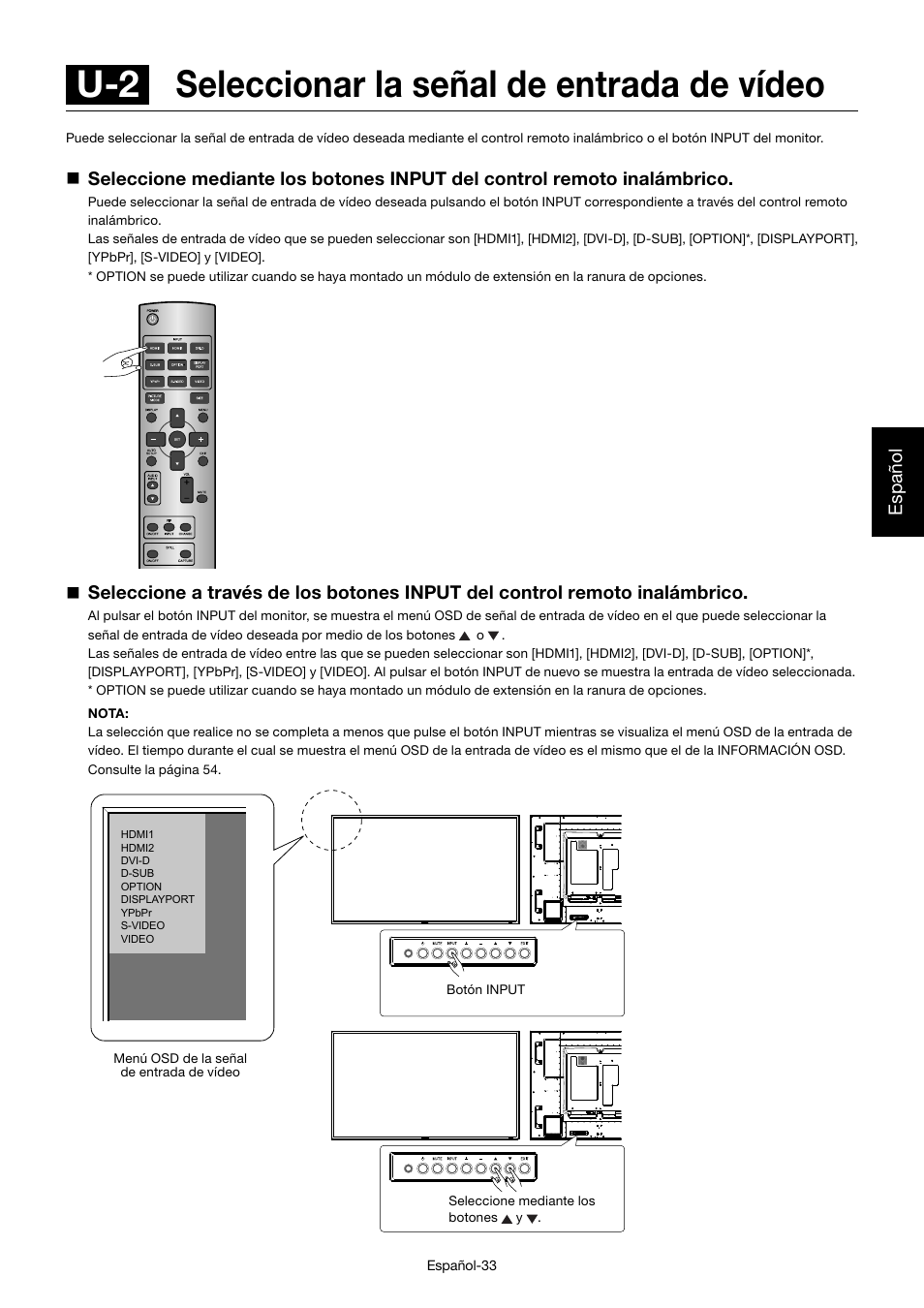 U-2 seleccionar la señal de entrada de vídeo, Español | MITSUBISHI ELECTRIC MDT701S User Manual | Page 169 / 404