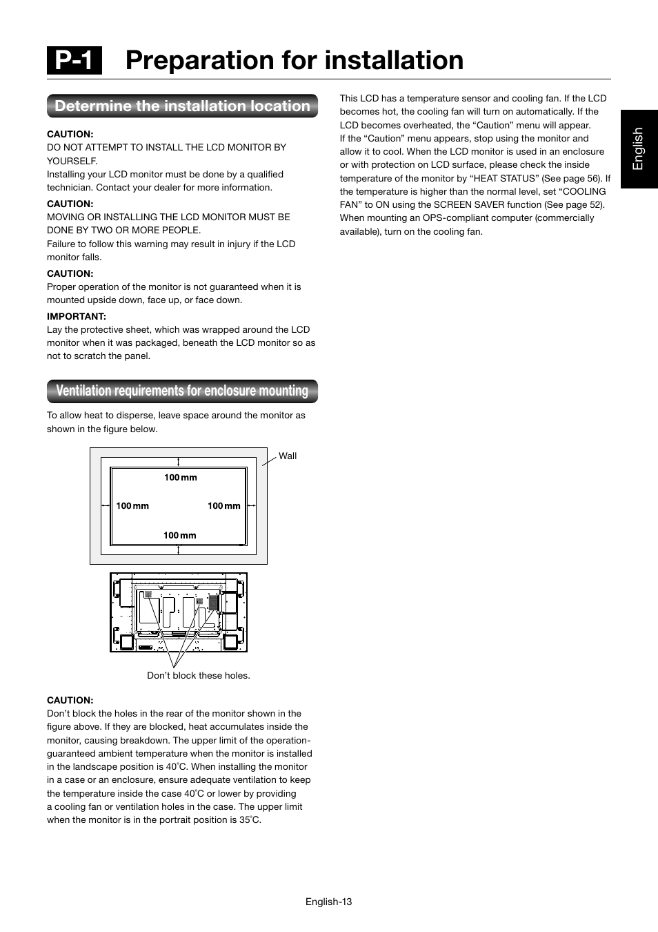 P-1 preparation for installation, Determine the installation location, Ventilation requirements for enclosure mounting | English | MITSUBISHI ELECTRIC MDT701S User Manual | Page 17 / 404